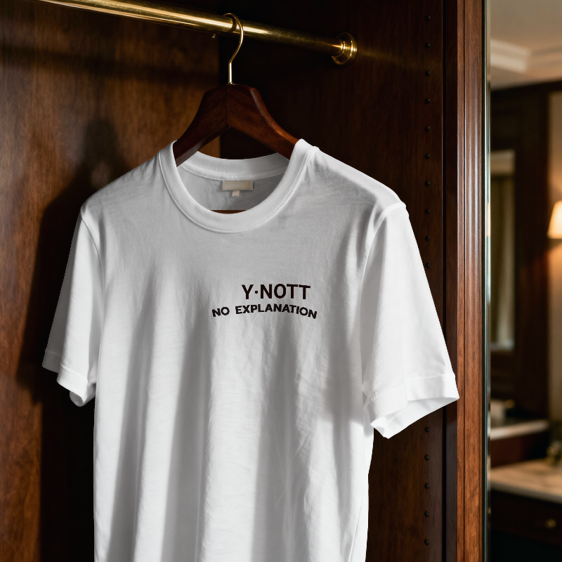 White t-shirt with 'Y-NOTT NO EXPLANATION' text on a wooden hanger against a wooden door.